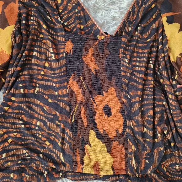 Anthropologie Conditions Apply Zeena Puff Sleeve Blouse‎ Brown Motif Women's XL - Picture 10 of 13